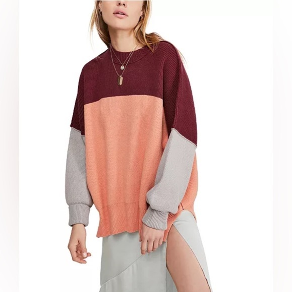 Free People Easy Street Colorblock Oversized Sweater Pink Grey Red size M - Picture 1 of 6